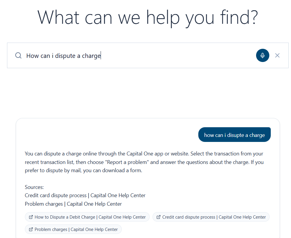 Deepgram-powered Capital One demo — 'What can we help you find?' search with a direct, sourced answer to 'How can I dispute a charge'.